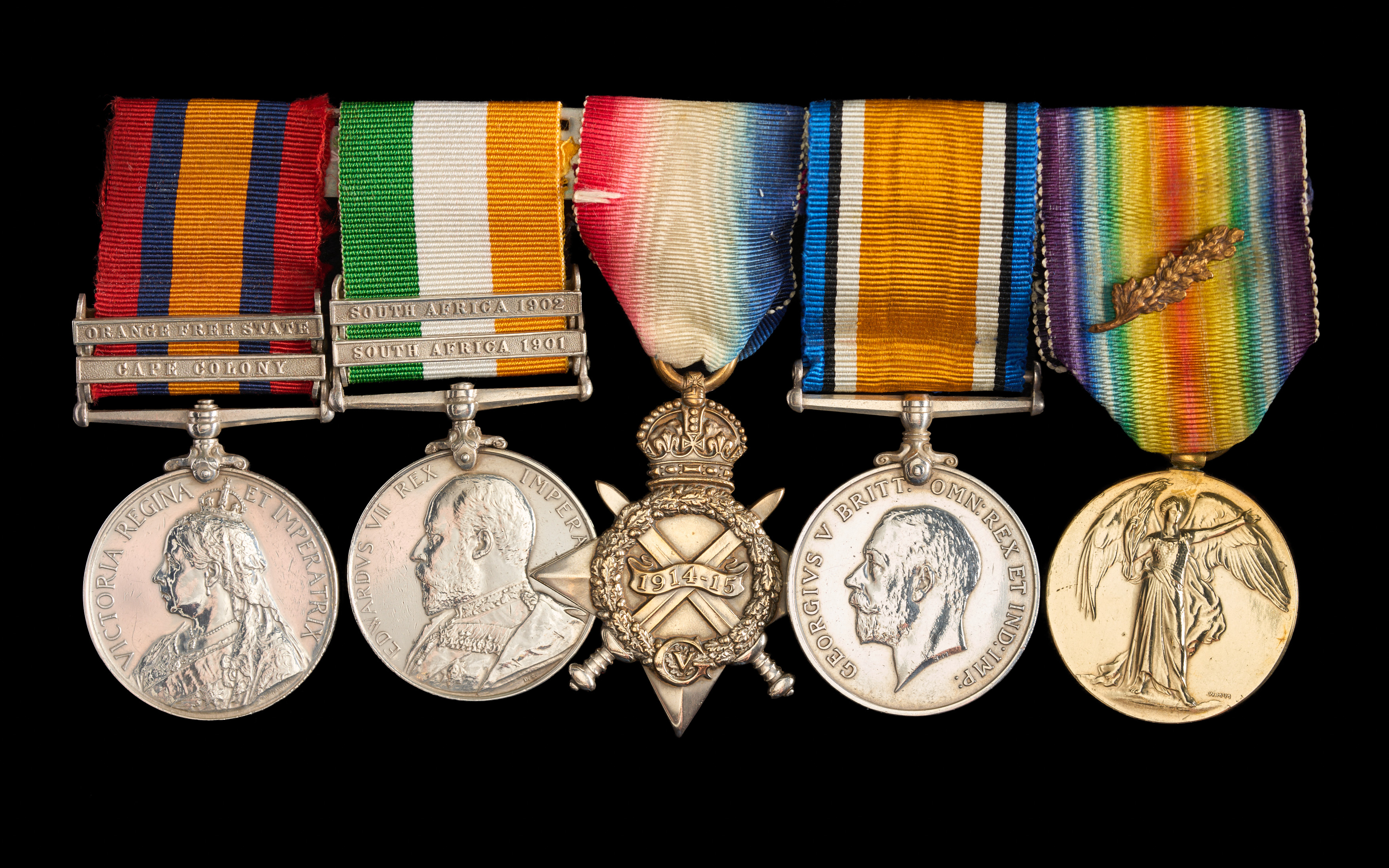 Henry Ellershaw : (L to R) Queen’s South Africa Medal with Orange Free State and Cape Colony clasps; King’s South Africa Medal with 1901 and 1902 clasps; 1914-15 Star; British War Medal; Allied Victory Medal with oak leaf